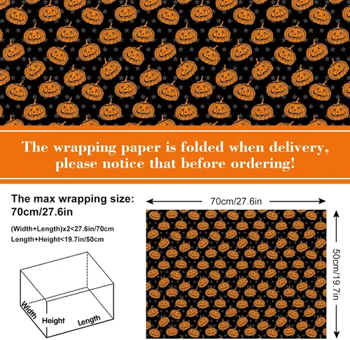 Miniatura 2 de AnyDesign 12 hojas de papel de regalo de Halloween, no se enrolla, diseño de calabaza, murciélago, telaraña, sombrero de bruja, papel de arte, papel
