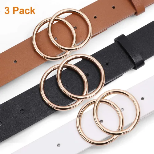 Miniatura 5 de SUOSDEY Cinturón de cuero para mujer, con hebilla redonda clásica, Oro