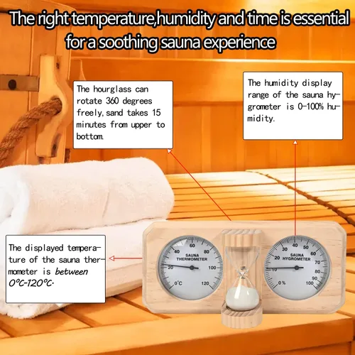 Miniatura 4 de ikare Termómetro e higrómetro para sauna 3 en 1 de madera con temporizador de arena de reloj de arena de 15 minutos, accesorios de pared para sauna