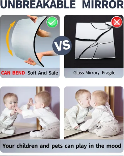 Miniatura 6 de Espejo pequeño adhesivo para decoración de pared, espejos adhesivos de seguridad de plástico sin vidrio para niños pequeños, paquete de 4 azulejos