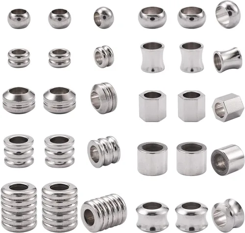 Miniatura 19 de Fashewelry - 100 cuentas espaciadoras de agujero grande de acero inoxidable en forma de barril de 6x6 mm, cuentas ovaladas de metal pulido liso