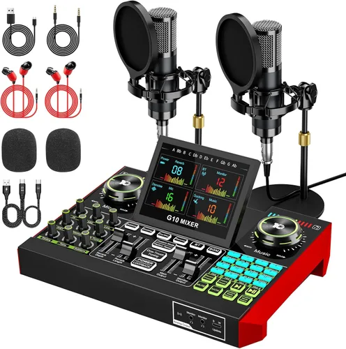 Miniatura 12 de Paquete de micrófono para podcast con mezclador de audio de tarjeta de sonido en vivo, paquete de equipo de podcast con micrófono de condensador