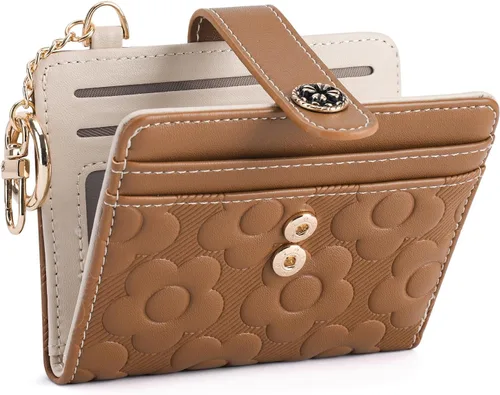 Cartera RFID para mujer, delgada y pequeña, de piel con estampado de flores, plegable, compacta, con tarjetero y bolsillo para monedas, color marrón