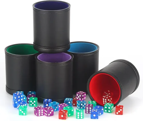 Miniatura 6 de Paquete de 5 Copas Agitadoras de Dados de Cuero PU Forradas de Fieltro de Terciopelo con 30 Dados de Puntos para Bar Fiesta Juegos de Dados Yahtzee