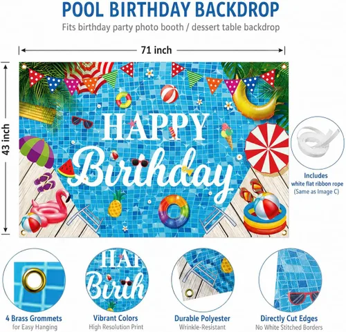 Miniatura 5 de Decoraciones de fiesta de cumpleaños para piscina, pancarta de feliz cumpleaños, telón de fondo de fiesta de piscina para fiesta de cumpleaños