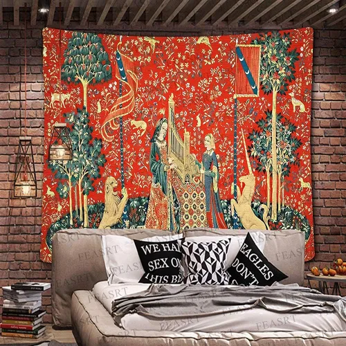 Miniatura 5 de Tapiz Real Medieval Europeo de la Reina Doncella y Unicornio, 90x84 Pulgadas de Flanela Suave, para Colección de Arte Decorativo de Arte de Pared