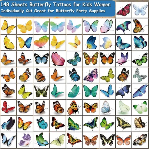 Miniatura 2 de CHARLENT 148 hojas individuales de tatuajes temporales de mariposa para niñas y mujeres, tatuajes de mariposa realistas 3D para niños, regalos