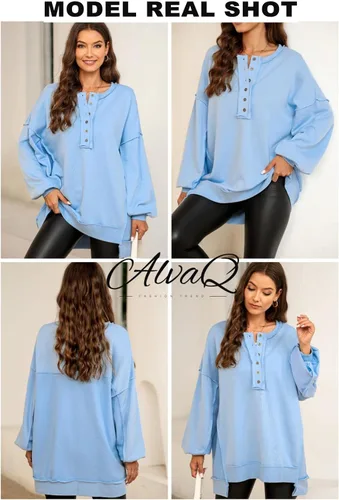 Miniatura 97 de AlvaQ - Sudadera de gran tamaño para mujer, informal, de manga larga, con botones y cuello Henley, tipo túnica