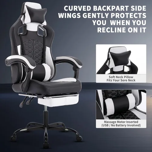 Miniatura 5 de Silla ergonómica para juegos estilo carreras, silla de jugador de respaldo alto con reposapiés, lumbar ajustable, masaje, reposabrazos de enlace