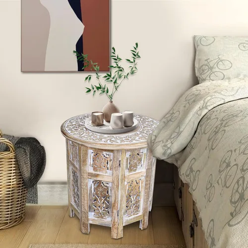 Miniatura 5 de Mesa auxiliar en madera de mango - Mesa auxiliar de madera maciza artesanal, mesa de acento tallada para decoración de sala de estar, dormitorio