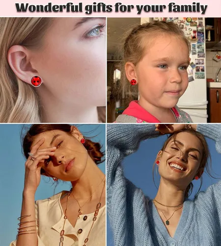 Miniatura 6 de Pendientes de mariquita roja para niña, aretes de insectos plateados con puntos negros para Halloween, Navidad, cumpleaños, cosplay, regalos