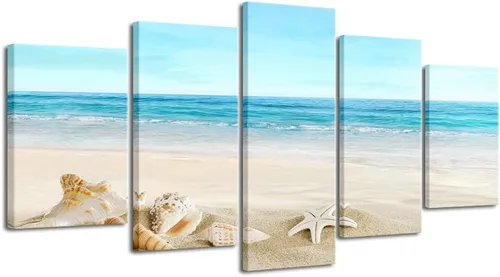 Miniatura 7 de Pyradecor, paisaje de playa en 5 paneles, lienzo Giclee de paisaje marino, impreso en lienzo moderno, tensado y encuadrado, arte para pared