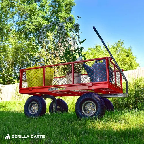 Miniatura 6 de Carrito de servicios de acero Gorilla Carts con lados extraíbles con una capacidad de 800 libras, rojo