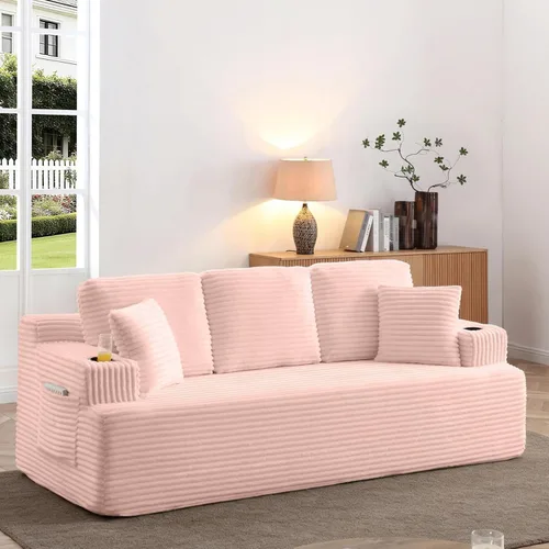 Miniatura 40 de Sofá sin hueso de 66.5 pulgadas con portavasos y bolsillos laterales, sofá biplaza tapizado de tela de pana moderna con 2 almohadas para sala