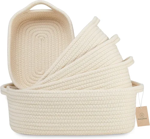 NaturalCozy Juego de cestas de almacenamiento rectangulares de 5 piezas, cestas tejidas de cuerda de algodón natural para organizar. Cesta pequeña