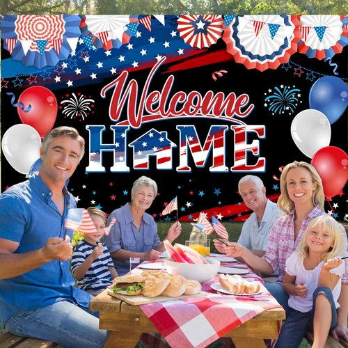 Miniatura 7 de Cartel de bienvenida a casa, decoración del día de los veteranos, tela patriótica, telón de fondo de fotos del ejército militar para despliegue