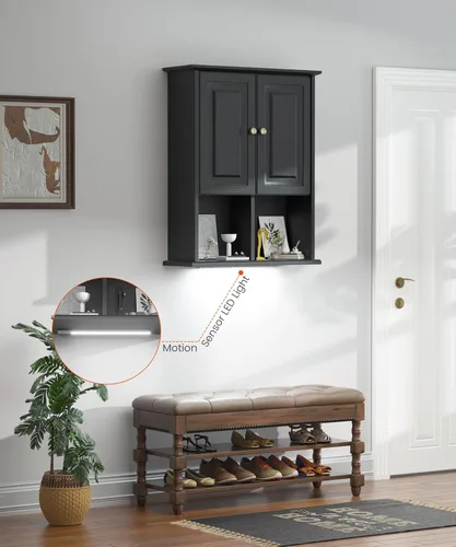 Miniatura 7 de HAIOOU Armario de Pared para Baño con Luz LED con Sensor de Movimiento, Gabinete de Medicina de Madera Montado en Pared, Gabinete de Almacenamiento