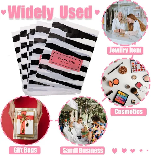 Miniatura 4 de Bolsas de mercancía con texto en inglés "Thank You", 100 bolsas de compras de plástico mixto de 3 tamaños, bolsa para pequeñas empresas, bolsas