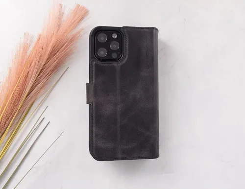 Miniatura 6 de HARDISTON Funda de piel auténtica de alta calidad hecha a mano para iPhone 11 Pro de 5.8 pulgadas, tarjeteros de doble folio, funda magnética Negro