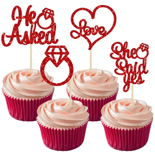 Miniatura 8 de Gyufise Paquete de 24 adornos para cupcakes con purpurina negra con la frase "He Asked She Said Yes" para cupcakes, anillos de corazón con purpurina