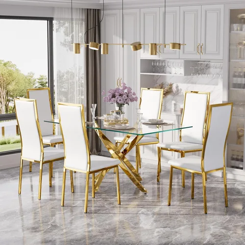 Miniatura 30 de Juego de mesa de comedor de cristal dorado moderno de 63 pulgadas para 6, juego de mesa de cocina rectangular de 7 piezas con patas de acero Negro