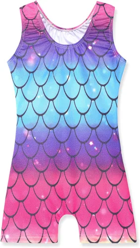 Miniatura 177 de HOZIY - Leotardos de gimnasia con pantalones cortos brillantes para niñas pequeñas; estampados de unicornio, aurora, arco iris, sirena, dinosaurio