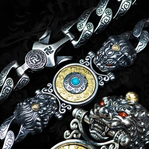 Miniatura 2 de Atraer la riqueza dinero y buena suerte, rueda de oración tibetana + mantra OM + pulsera Vajra Pestle, pulsera giratoria de plata de ley S925 Feng