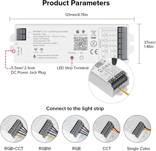 Controlador LED 5 en 1 WB5 2.4GHz WiFi PWM compatible con Alexa Google Home Smart Life Tuya APP para atenuación CCT RGB RGBW RGBCCT LED controlador