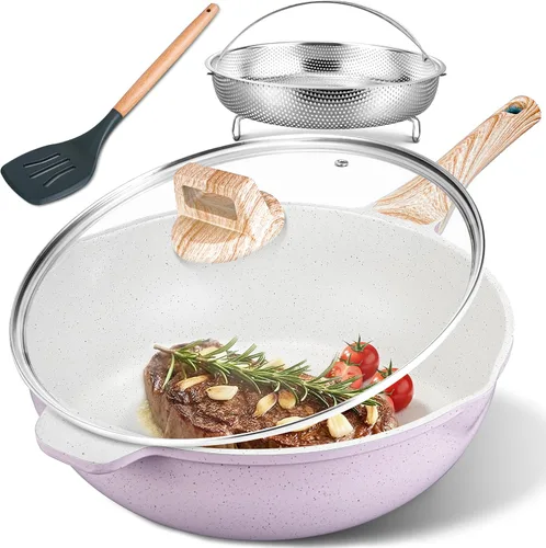 AOSION Sartén profunda de cerámica antiadherente de 12 pulgadas con tapa y estante de vapor, sartén de 5.5 cuartos de galón, sartén de cerámica