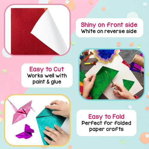 Miniatura 2 de Hygloss Papel de aluminio metálico en relieve, 12 hojas de papeles brillantes de colores surtidos, 8.5 x 11 pulgadas, papel de aluminio ideal