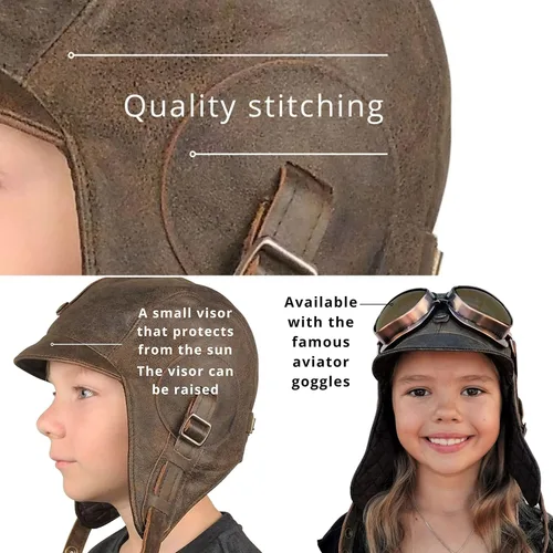Miniatura 4 de Sombrero de aviador para niños, cuero marrón real, disfraz, casco volador de piloto, sombrero steampunk para niños