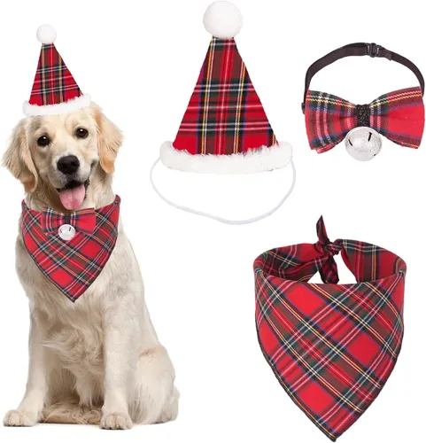 Miniatura 12 de ADOGGYGO Juego de bandana de Navidad para perro, sombrero y pajarita, clásica a cuadros rojos, bufanda de Navidad para mascotas, disfraz de Navidad