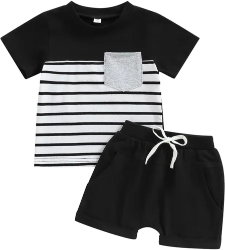 Miniatura 28 de Conjunto de traje de verano para bebé niño pequeño, manga corta, cuello redondo, letras impresas, lindo traje de verano, conjunto de 2 piezas