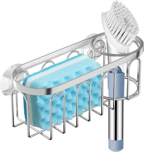Miniatura 7 de Soporte de esponja 2 en 1 para fregadero de cocina, organizador de fregadero de cocina con 3 ventosas, soporte de esponja para fregadero a prueba