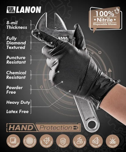 Miniatura 2 de LANON Black Nitrile Disposable Gloves, EN ISO 374 Chemical Resistant, Heavy-Duty, Mechanic, Textured Fingertips, Latex-Free