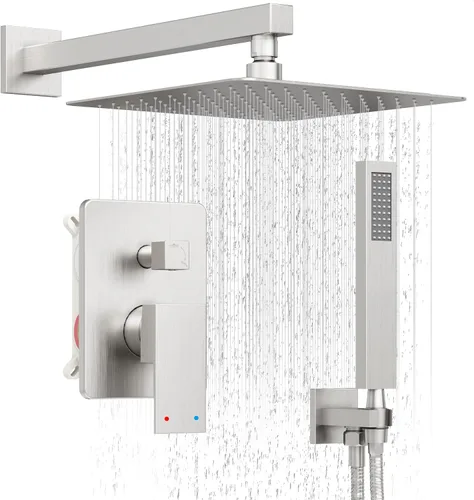 Miniatura 10 de Sistema de Ducha de Níquel Cepillado, Conjunto de Grifería de Ducha con Cabezal de Ducha de Lluvia de 10 Pulgadas y Rociador Manual, Conjunto