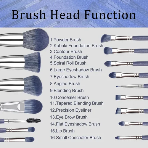 Miniatura 2 de Brochas de Maquillaje, HEYMKGO Juego de 16 Brochas de Maquillaje Profesionales Sintéticas para Base Difuminado Rubor Brochas Faciales, Kit de Azul