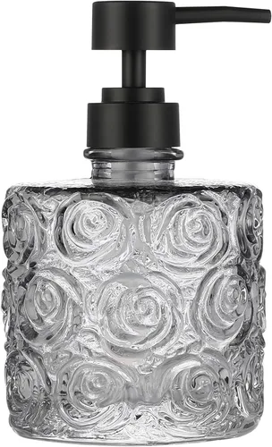 Miniatura 11 de Dispensador de jabón de vidrio Marcella con bomba de jabón, recargable con capacidad de 400 ml, diseño floral con patrones de rosas, vidrio grueso