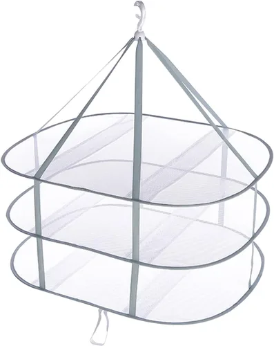 Miniatura 6 de Estante de secado plegable de 3 niveles, capacidad de 10 libras, ahorro de espacio, secadora colgante con banda de fijación, estante apilable