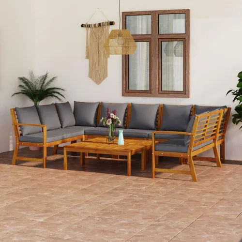 Ensemble Salon de Jardin 9 Pièces en Bois d'Acacia Massif avec Coussins Gris, Mobilier d'Extérieur Modulable Pour Terrasse et Balcon, Confortable et