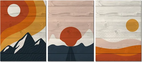 Miniatura 7 de Pintura solar para pared, diseño de líneas bohemias, montañas, decoración de pared de mediados de siglo, juego de 3 lienzos impresos en lienzo