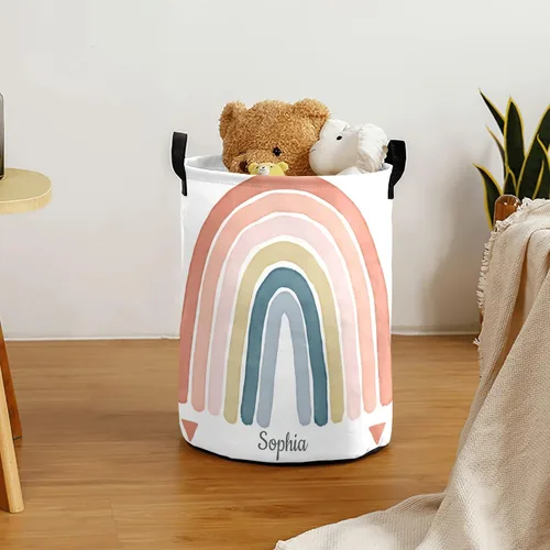 Miniatura 3 de Cesta plegable de gran tamaño con diseño de arco iris colorido y plegable con nombre para juguetes de tela sucia Color 7