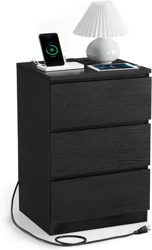 Miniatura 11 de VASAGLE Mesita de noche con estación de carga, 2 salidas de CA y 2 puertos USB, mesita de noche, mesa auxiliar con 3 cajones, estilo moderno, 13.8 x