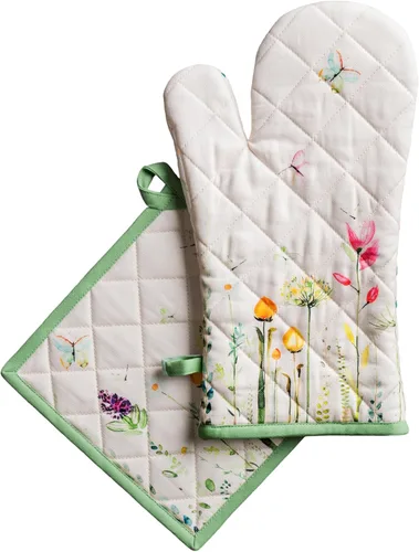 Maison d' Hermine - Juego de guantes de horno de 7.5 x 13 pulgadas y agarradera de 8" x 8", 100 % algodón, resistente al calor, chef, cocinar, 03 -