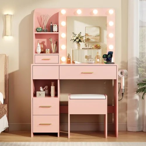 Miniatura 11 de Escritorio de Tocador con Espejo y Luces, Escritorio de Maquillaje con 3 Iluminaciones Ajustables, 3 Estantes de Almacenamiento, 5 Cajones Grandes