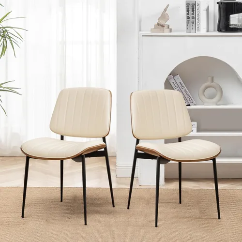 Miniatura 6 de LUNLING Sillas de comedor modernas de mediados de siglo, silla retro beige de piel sintética con asiento tapizado de madera curvada de nogal, patas