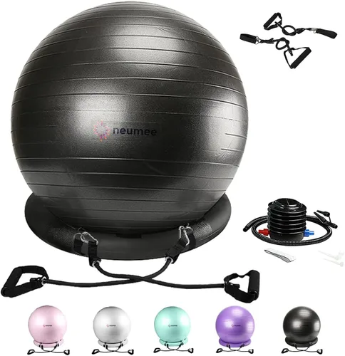 Silla de pelota de yoga con pelota de ejercicio de 65 cm y 2 bandas de resistencia, base de estabilidad para oficina en casa, yoga, pilates y