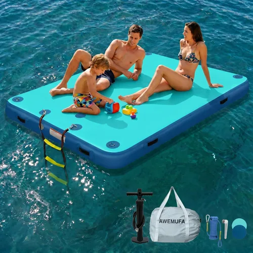 Miniatura 18 de AWEMUFA Muelle flotante inflable con rampa de 5 pies/6 pies/8 pies/10 pies, plataforma flotante flotante, tapete flotante de isla flotante, flotador