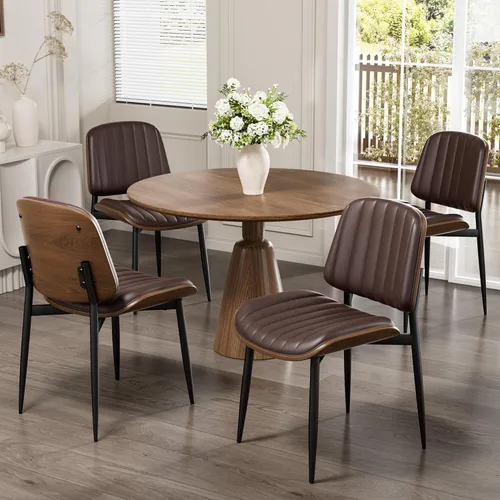 Miniatura 14 de REONEY - Juego de 4 sillas de comedor, modernas de mediados de siglo, tapizadas en piel sintética PU con respaldo de madera curvada de nogal y patas