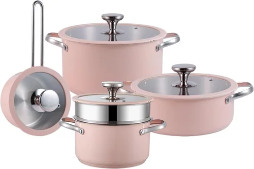 Juego de utensilios de cocina de acero inoxidable de 9 piezas para cocina familiar, grado 304, exterior recubierto de cerámica, ollas y sartenes
